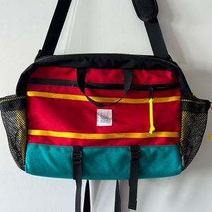 Topo designs, messenger bag, red, black, yellow turquoise
